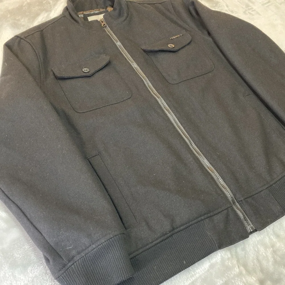 O'Neill Full Zip Jacket Mens Large Black Wool Blend Quilted Liner Bomber Style